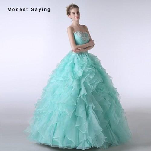 Elegant Turquoise Ball Gown Sweetheart Beaded Lace Ruffled Quinceanera Dresses 2017 Girls Party Prom Gowns vestido de 15 anos