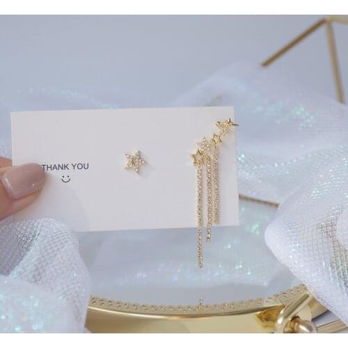 Exquisite copper inlaid zircon asymmetric star tassel ear bone clip 14K real gold plated women gift earrings Korean jewelry
