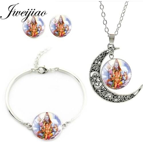 JWEIJIAO Shiva Parvati Ganesha Indian Art Hindu Necklace Earrings Bracelets Glass Cabochon Charms Religious Jewelry Sets LS49