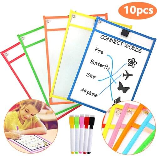 5PCS Transparent Reusable Dry Erase Pockets Brush with 5PCS Markers Coloring for Kids School DIY Painting Children Drawing Gift