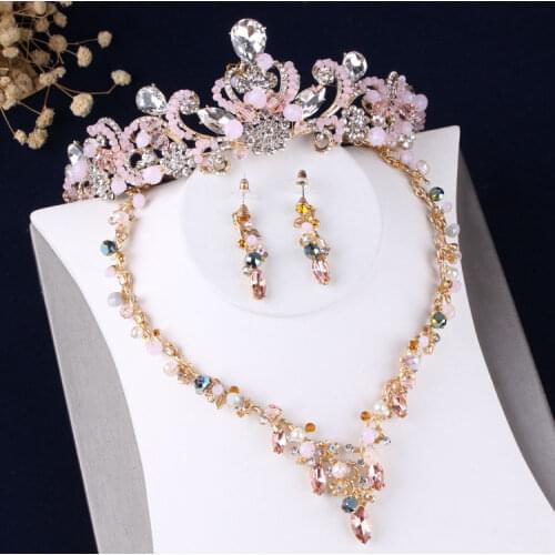 Baroque Retro Pink Crystal Beads Flowers Bridal Costume Jewelry Sets Wedding Jewelry SetStatement Necklace Earrings Tiaras Set