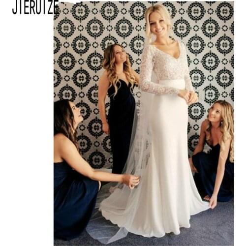 JIERUIZE Lace Satin Boho Wedding Dress Long Sleeves Backless V Neck A-Line Bride Dress Custom Made Sheath Bridal Wedding Gowns