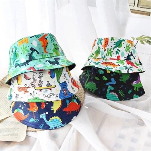 Summer Kids Boys Girls Causal Hats Cartoon Dinosaur Print Short Brim Sun Protection Fisherman Hat