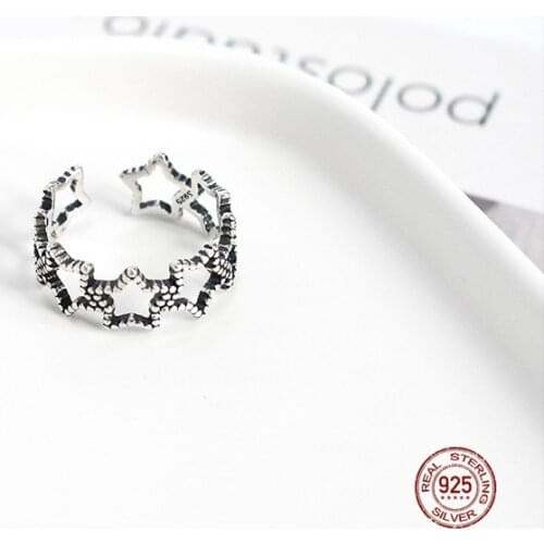 LKO Vintage Hollow Out Design 925 Sterling Silver Five-Pointed Star Trend Opening Adjustable Ring For Women Party Jewelry Gift