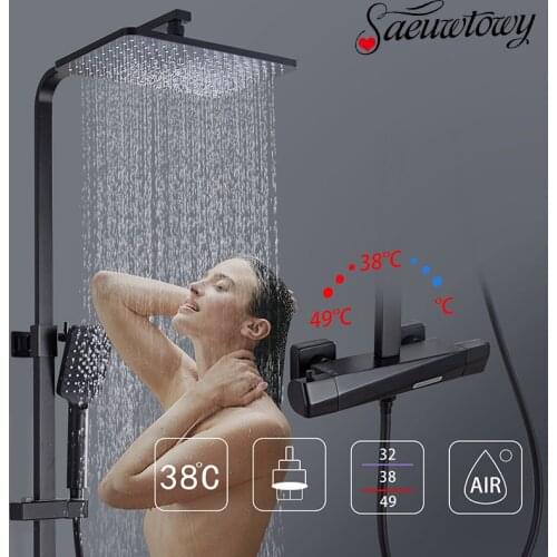 Matte Black Thermostatic Shower Faucet Bathroom Bathtub Thermostatic Shower Dual Handles Hot Cold Water Tap Tub Spout Shower