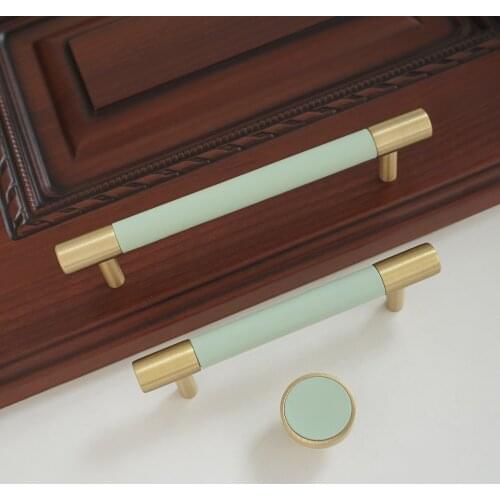 3.75" 5" Copper Door Handles Light Green Leather Round Dresser Pulls Furniture Drawer knobs Cupboard Pull Handles 96 128mm