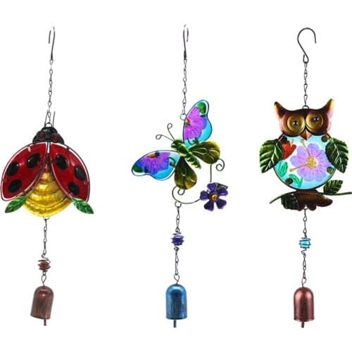 New Fashion Outdoor Garden Porch Home Decoration Wind Bell Creative Handmade Ladybug Butterfly Metal Glass Painting Wind Chimes
