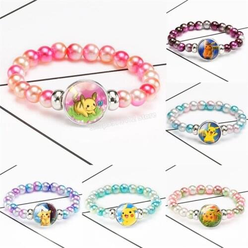 Cartoon Pikachu Crystal Bracelet Pokemon Jewelry Color Beaded Button Bracelet Children Bangles Accessories Fashion Charms Gifts