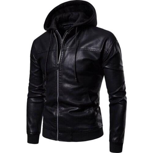 Fall 2021 Mens Fake Two Hooded Fashion Leather Jacket Korean Motorcycle Clothing Mens Coat Faux Leather Windproof Warm outwear
