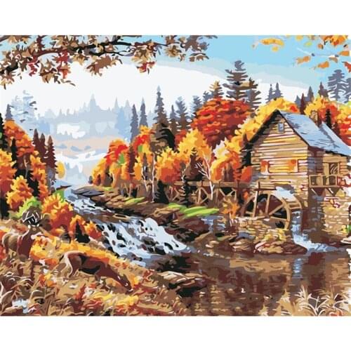 DIY Digital Painting By Numbers Package River water wheel oil painting mural Kits Coloring Wall Art Picture Gift frameless