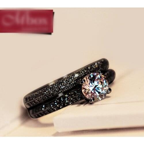 Vintage Female Crystal Round Wedding Ring Set Fashion Black Gold Bridal Engagement Ring Promise Zircon Stone Rings For Women