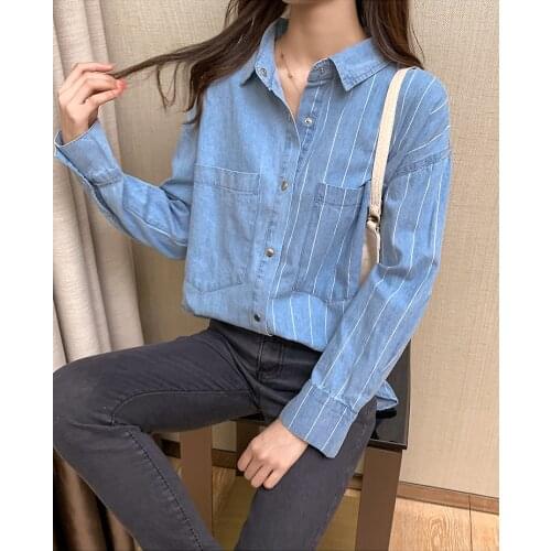 2020 new striped denim shirt womens mid-length long-sleeved loose shirt design niche tops
