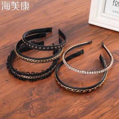 Haimeikang Golden Metal Chain Decoration Hair Bands Lace Rhinestone Black Non-slip Bezel Headband Crystal Hair Accessory