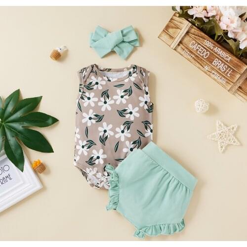 Newborn Baby Girls 3pcs Outfit Cotton Set Sleeveless Print Romper+Shorts+Headband Set Children Kids Leaf Printed Clothings