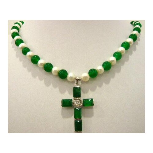 White freshwater 7-8mm pearl & green natural JADE cross pendant necklace