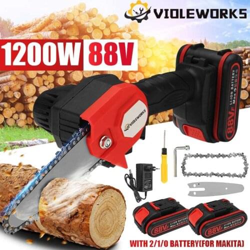 88VF 1200W 6 Inch Mini Electric Chain Saw With 2 Battery Rechargeable Woodworking Pruning One-handed Garden Logging Power Tool