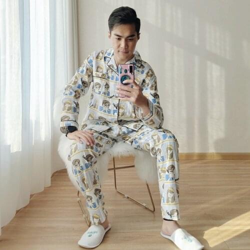 Spring Couple Pajamas Double Layer Cotton Yarn Thin Lounge Wear Long Sleeve Cartoon Sleepwear Women and Men lapel Two Piece Set