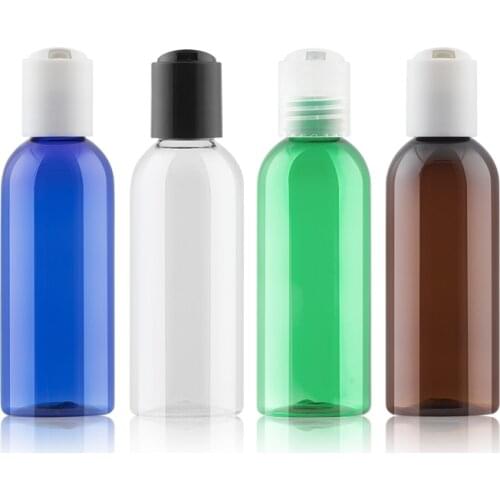 80ml 35pcs/lot clear/brown/blue/green round plastic empty cosmetic packaging travel bottles with disc top cap, shampoo bottle