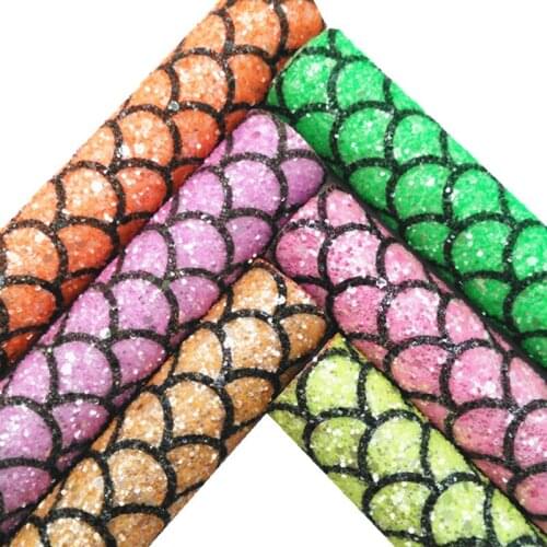 Mermaid Fish Scales Printed Glitter Faux Vinyl Fabric with Twill Backing Glitter Leather Sheets For Earrings DIY 21X29CM GM2352B