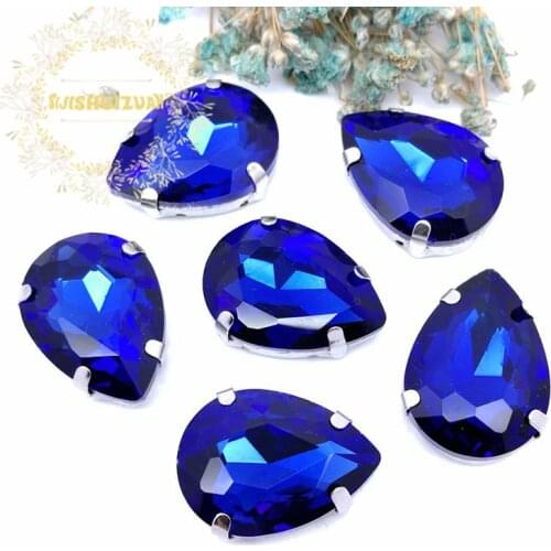 Sapphire blue Water droplet Crystal Glass Sew-on Rhinestones with Silver claw DIY Womens Dresses and bag13*18 10*14 7*10 18*25