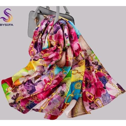 [BYSIFA] 2020 New Pure Silk Scarf Shawl Ladies Fashion Chain Flower Pattern 100% Real Silk Long Scarves Autumn Winter Neck Scarf