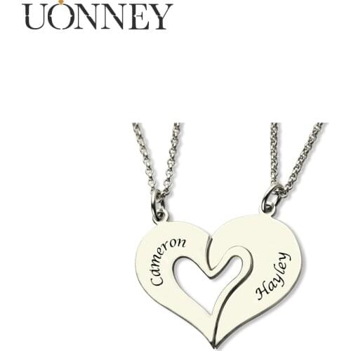 UONNEY Dropshipping Personalized Couple Name Breakable Heart Pendants Silver Engraving Birthstone Necklace Cute Valentines Gift