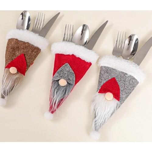 Santa Claus Hat Shaped Christmas New Year Pocket Fork Knife Cutlery Holder Bag Home Party Table Dinner Decoration Tableware