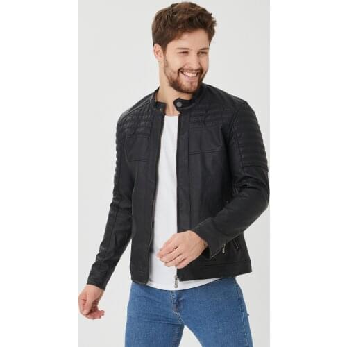 Spring/Winter Men 'S Regular Length Casual Faux Leather Zipper Inside Pockets Black Color Turkish Production Jacket Coats