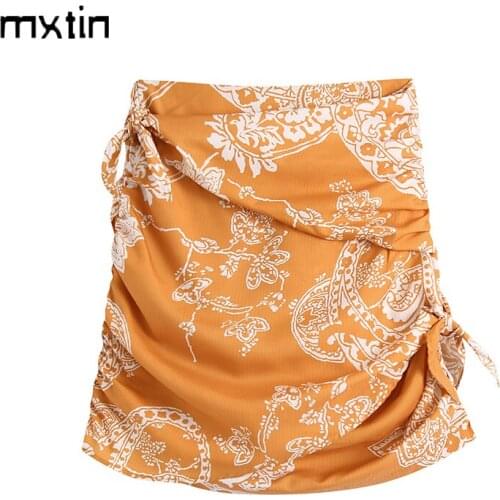 MXTIN 2021 Women Summer Fashion Print Bow Tie Mini Skirt Vintage Folds Streetwear Ladies Short Skirts Casual Faldas Vestidos