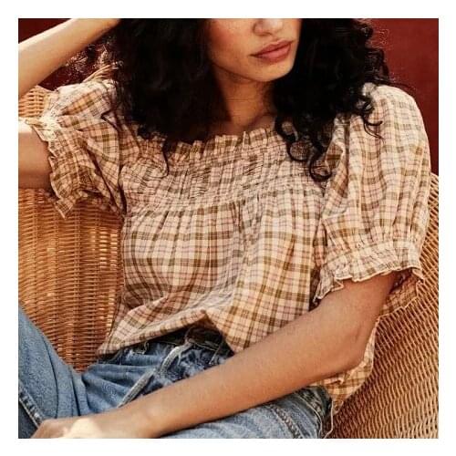 Women Shirt Spring/Summer 2020 New Shirt Fashion Casual Retro Plaid Shoulder Puff Sleeve Shirt Top