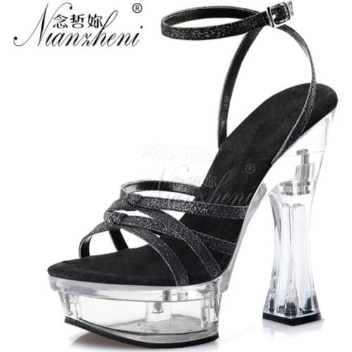 14cm Super High Stripper Heeled Pole Dance Shoes Flash Powder Dress Bling Narrow Band Open Toe Women Platform Sandals 6Inch Show