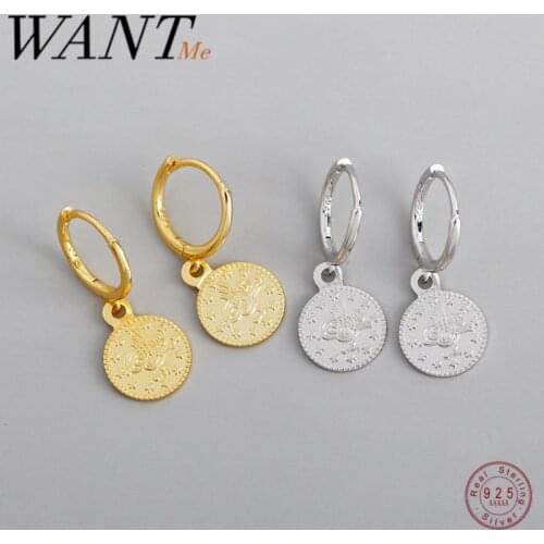 WANTME New Vintage Luxury Real 100% 925 Sterling Silver Round Coin Hanging Stud Earrings for Women Punk Fine Jewelry Gift 2020
