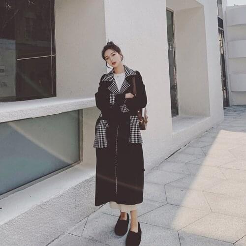 Vintage Plaid Pattern Patchwork Woolen Coat Women 2020 Autumn Winter Korean Lapel Loose Large Pocket Thick Warm Ladies Overcoat