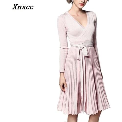 Women lurex knit fabric shiner cross V neck pleat Dress tunic fashion flare hem autumn winter lady femme vestido 2018 new arrive