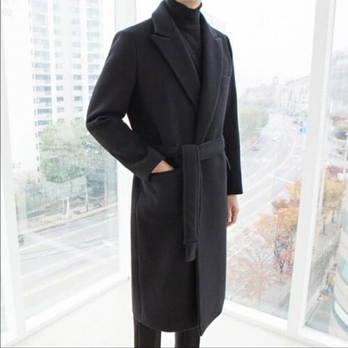 Winter Korean Windbreaker Mens Long Coat Loose Woolen Cloth Cashmere Coat Buckle Belt Over The Knee Coat Singers Clothing