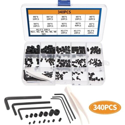 340pcs 304 Carbon Steel M2.5/3/4/5/6/8 Inner Hex Socket Flat Head Grub Screws With 6 Wrenches &1 Nipper in Plastic Box Tornillos