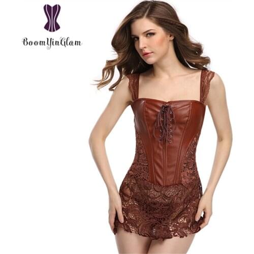 Free shipping 2017 newest design plus size sexy corset club wear dress lace shoulder straps leather corset dress 903