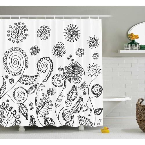 Floral Shower Curtain Doodle Style Circular Swirled Flower Petals Butterfly Leaves Curved Branches Bathroom Waterproof Curtains