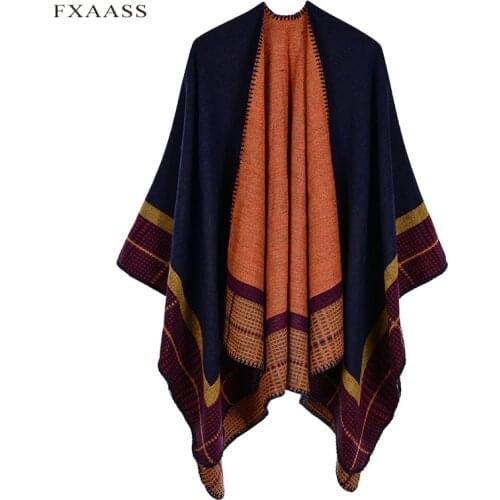 FXAASS New Autumn/Winter Shawl Fashion Striped Poncho Women Cloak Luxury Plaid Cashmere Scarves Warm Pashmina Wholesale