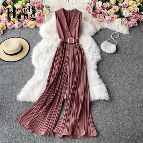 HangCode Good QualityElegant Ladies Office Jumpsuits 2021 Summer Sleeveless Notched Long Pleated Wide Leg Overalls with Belt