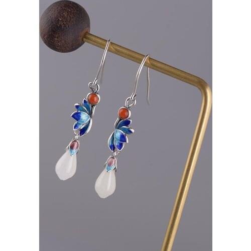 Natural Hetian White Jade Magnolia Flower Unique Craft Earrings Chinese Style Retro Elegant Charm Womens Silver Jewelry