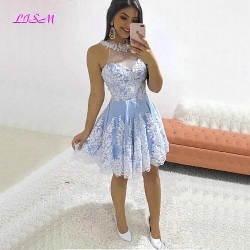 Sky Blue O-Neck Short Prom Dresses Knee-Length Lace Appliques Homecoming Dress Foraml Party Gowns