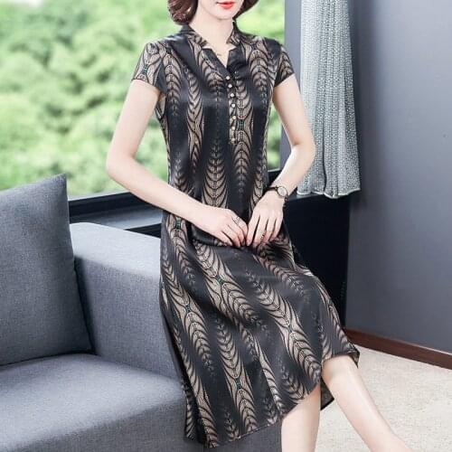 Summer Casual 5XL Plus Size Short Sleeve Dress Elegant Vintage Blcak Print Mulberry Silk Satin Dress Women Bodycon Party Vestido
