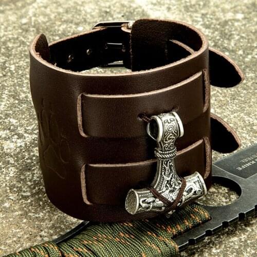 MKENDN Viking Thor Hammer Double Belt Leather Wrist Friendship Big Wide Bracelet For Men Buckle Vintage Punk Norse Jewelry