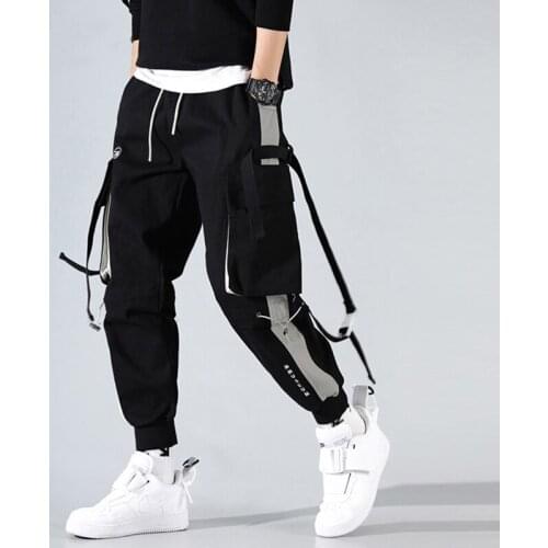 Men Cargo Harem Jogger Pants Men Hip Hop Fashion Casual Track Trousers Streetwear Harajuku Hipster Ribbon Pockets Sweatpants Men