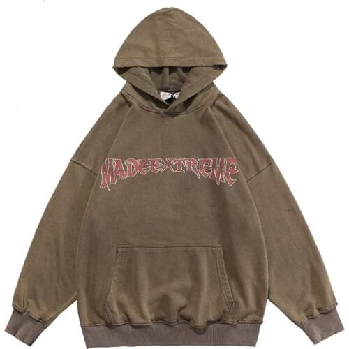 2021 Hip Hop Letter Printed Sweatshirt Hoodies Men Vinateg Washed Streetwear Pullover Tops Hooded