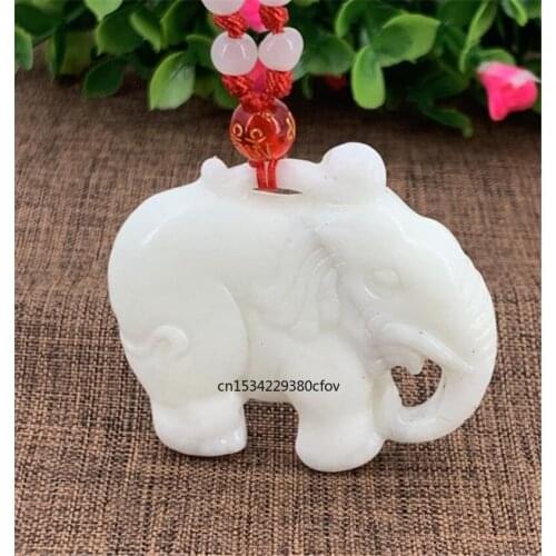 Natural White Chinese Jade Elephant Pendant Fashion Necklace Charm Jewelry Carved Amulet Gifts for Her Men Sweater Chain