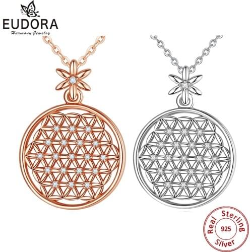 EUDORA 925 Sterling Silver Flower of life Necklace sacred circles big round sterling silver pendant geometrical necklaces CYD419