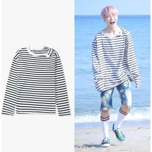 New kpop Bangtan Boys JIMIN Same Irregular Neckline Stripe Sweatershirt Pullover Hoodie Long Sleeve Shirt