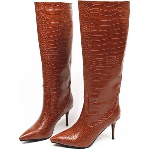 Off the knee Knight boots winter 2020 new crocodile print thick heel high-heeled womens boots plus Plush pointed high-heeled bo